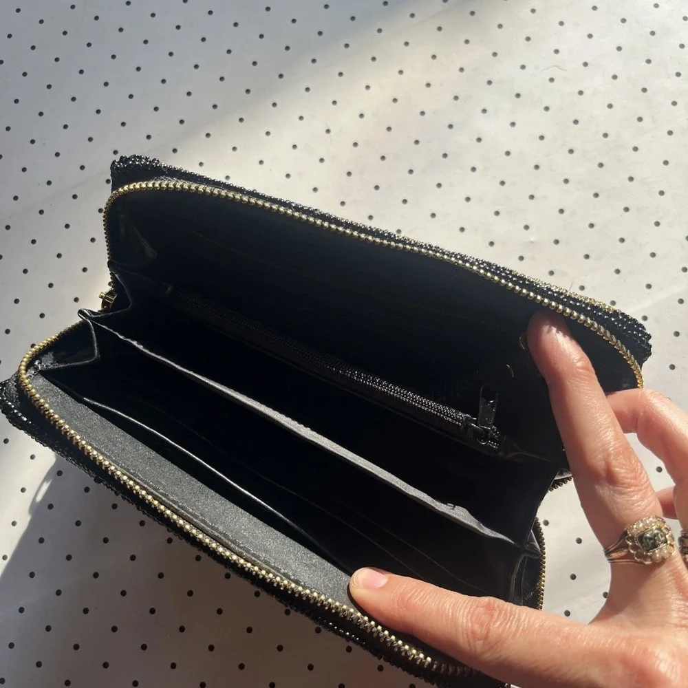 Vintage Black Beaded Evening Clutch Purse Gold Silver Geometric Art Deco Glam